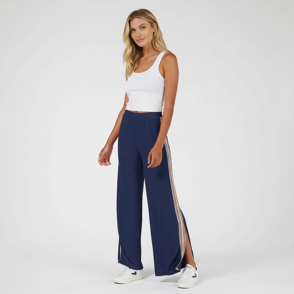 Retro Stripe Wide Leg Pants Blue Side Slit Lounge Pants S